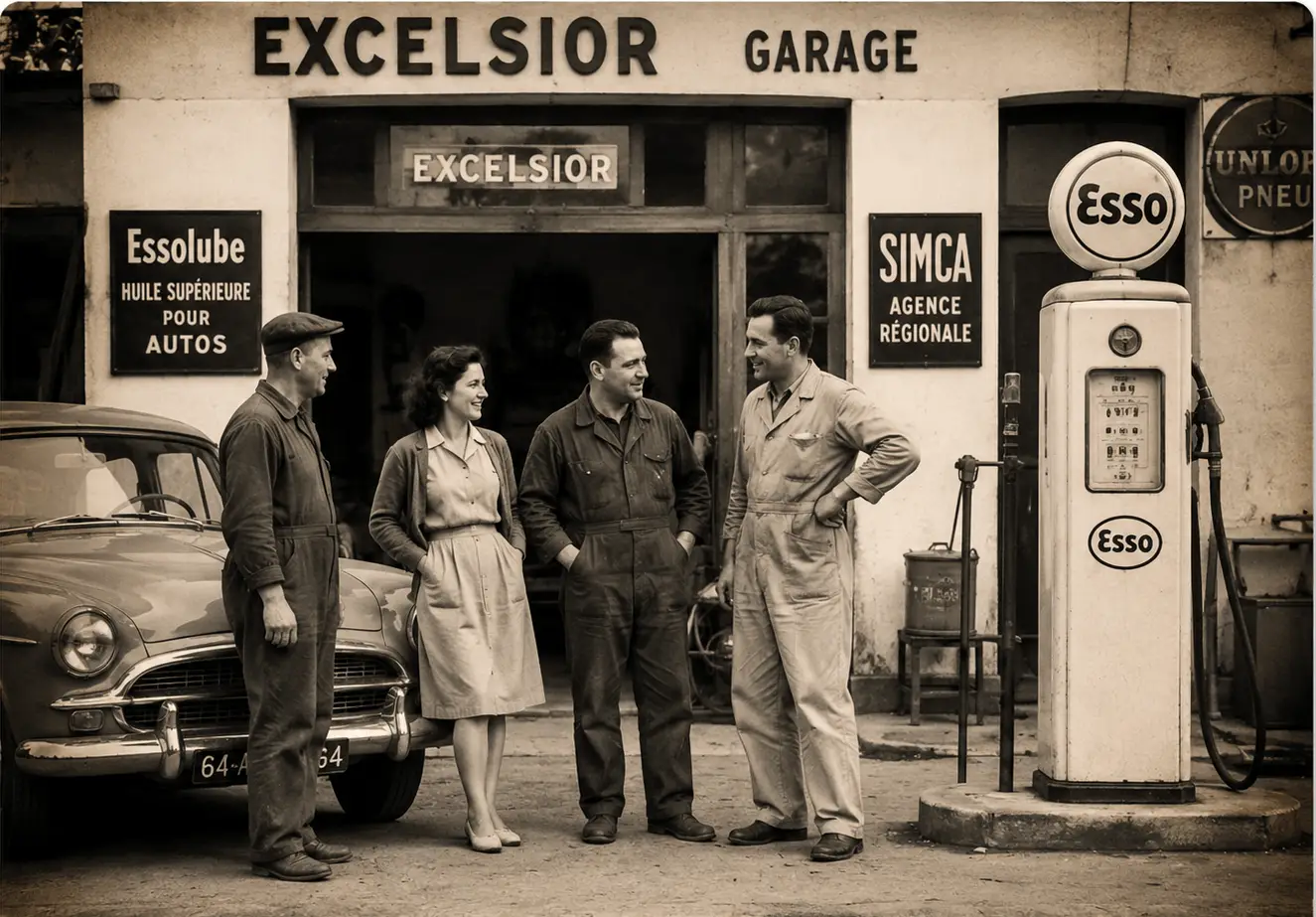 Garage Excelsior, Saint-Jean-de-Luz, 1952 (Image modifiée par ChatGPT)